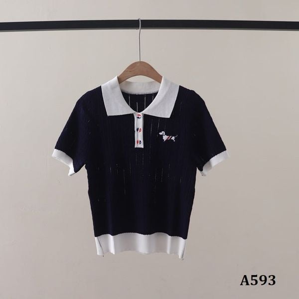  A593-Áo Len Cún Cưng Cổ Polo Phối Màu Sợi Xoắn 