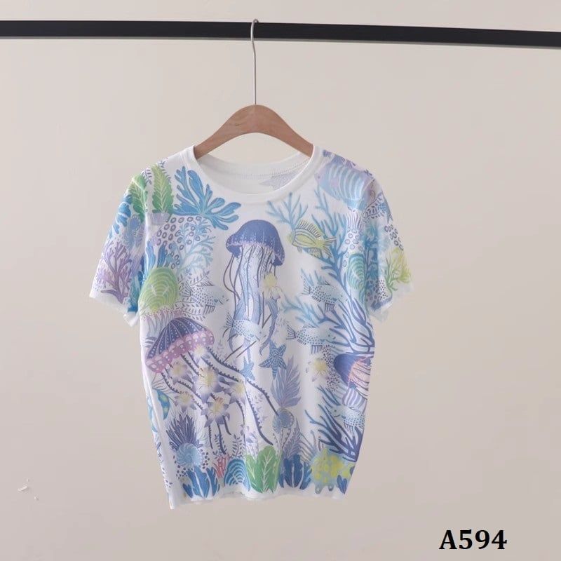  A594-Áo Len Dệt Kim Lụa Băng Sứa Biển Thế Giới Đại Dương 