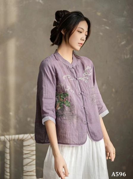  A596-Áo Ramie Cổ Đứng Thêu Cây Lá Nghệ Thuật Cổ Điển 