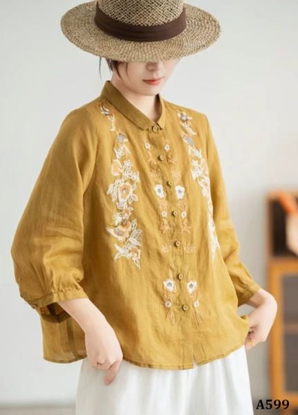  A599-Áo Ramie Thêu Hoa Lá Nghệ Thuật Đối Xứng Cổ Điển 