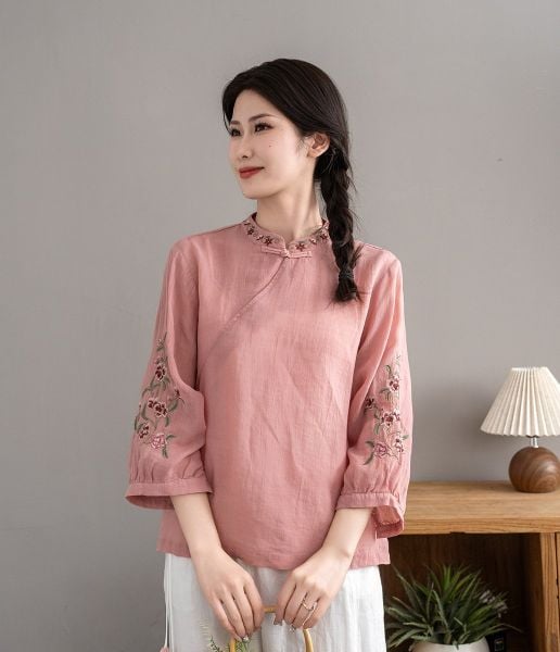  A600-Áo Ramie Thêu Hoa Lá Cổ Tay Thanh Lịch Cổ Điển 