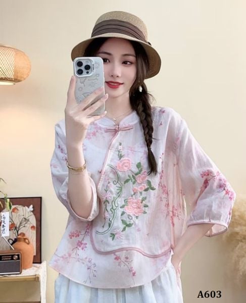 A603-Áo Ramie In Thêu Hoa Lá Nghệ Thuật Thanh Lịch Cổ Điển 