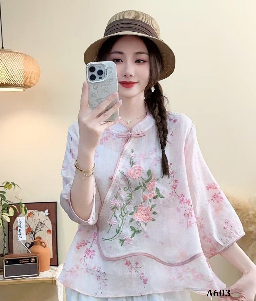  A603-Áo Ramie In Thêu Hoa Lá Nghệ Thuật Thanh Lịch Cổ Điển 