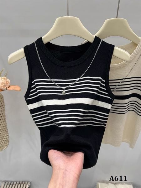  A611-Áo Len Lụa Ba Lỗ Kẻ Sọc Dây Chuyền 