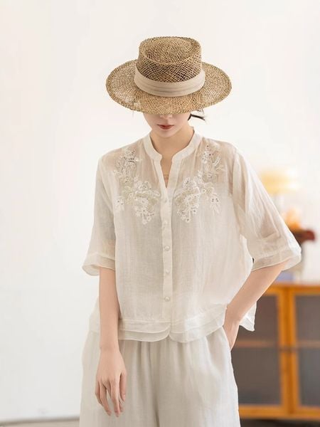  A618-Áo Ramie Thêu Hoa Nghệ Thuật 