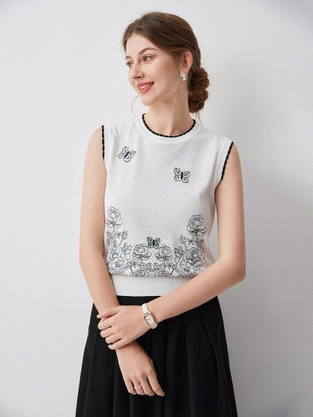  A625-Áo Len Thêu Bướm Hoa Mùa Hè Ba Lỗ Thoáng Mát 