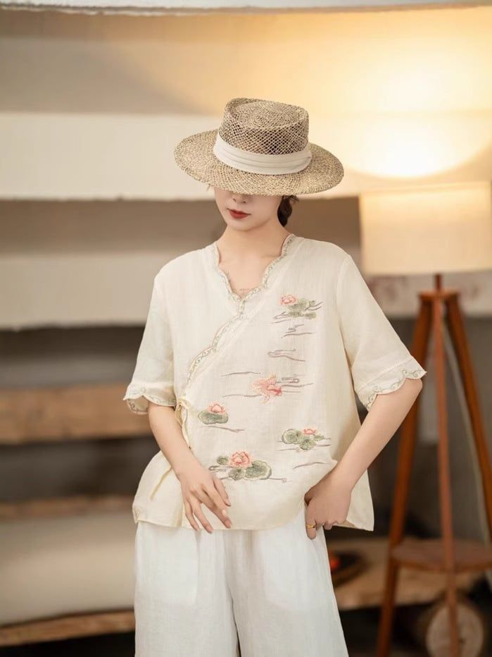  A633-Áo Ramie Thêu Hoa Thêu Viền 