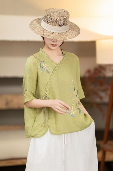  A634-Áo Ramie Thêu Hoa Viền Nhún 