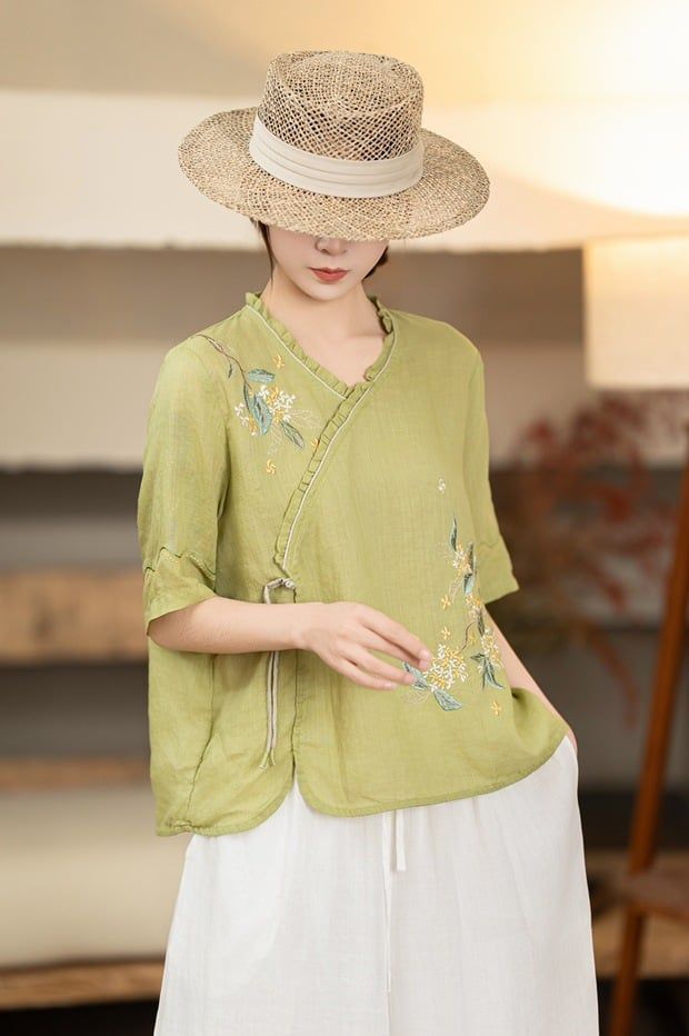  A634-Áo Ramie Thêu Hoa Viền Nhún 