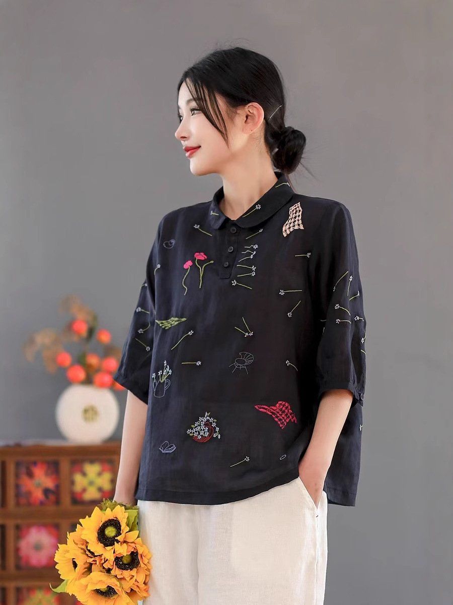  A635-Áo Ramie Cổ Búp Bê Thêu Nghệ Thuật 