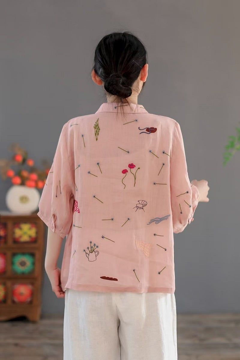  A635-Áo Ramie Cổ Búp Bê Thêu Nghệ Thuật 