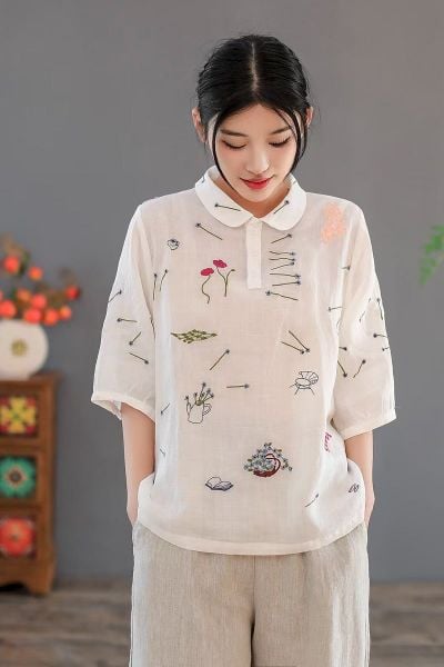 A635-Áo Ramie Cổ Búp Bê Thêu Nghệ Thuật 