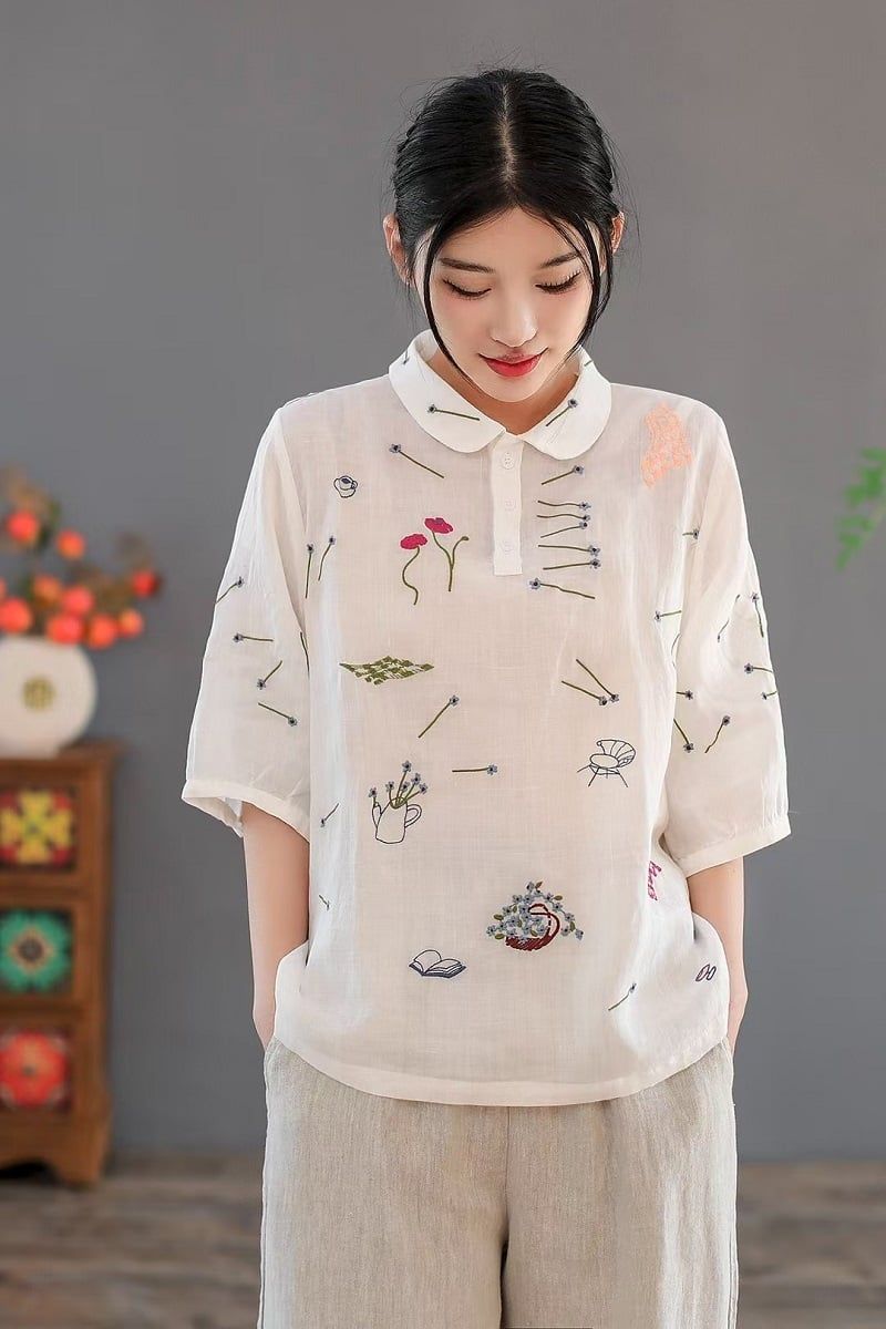  A635-Áo Ramie Cổ Búp Bê Thêu Nghệ Thuật 