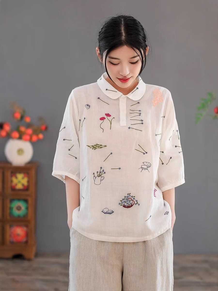  A635-Áo Ramie Cổ Búp Bê Thêu Nghệ Thuật 
