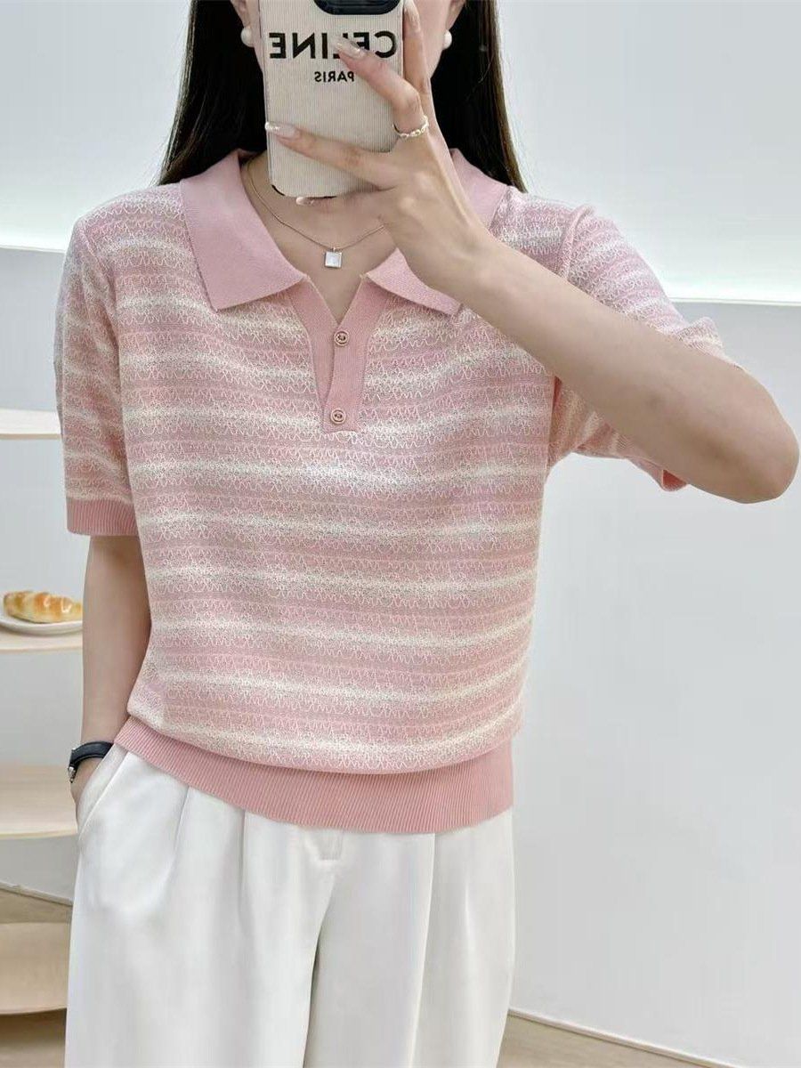  A640-Áo Len Dệt Kim Cổ Polo Sọc Chỉ 