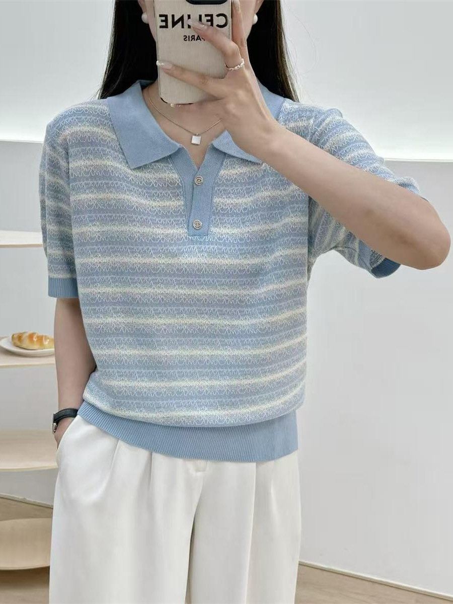  A640-Áo Len Dệt Kim Cổ Polo Sọc Chỉ 