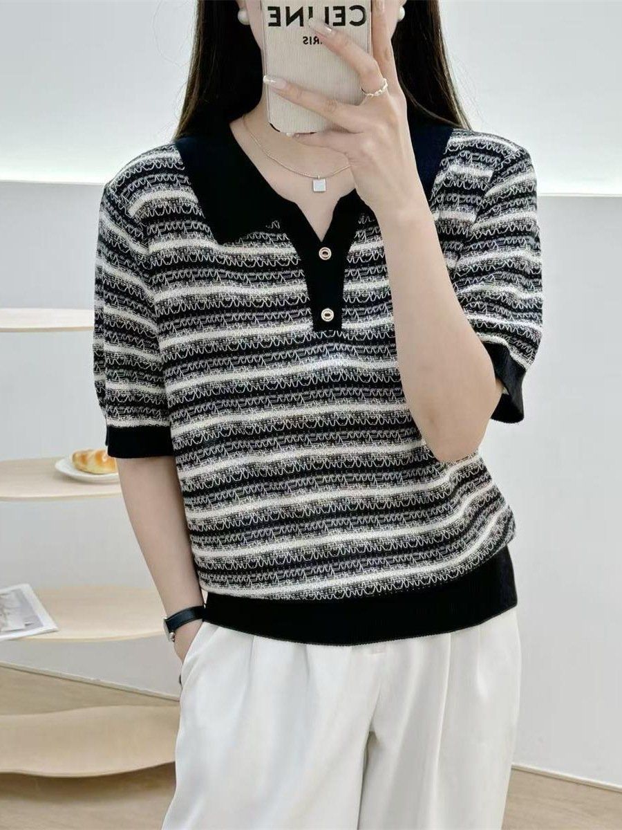  A640-Áo Len Dệt Kim Cổ Polo Sọc Chỉ 