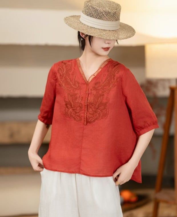  A647-Áo Ramie Thêu Hoa Nghệ Thuật Cổ V 