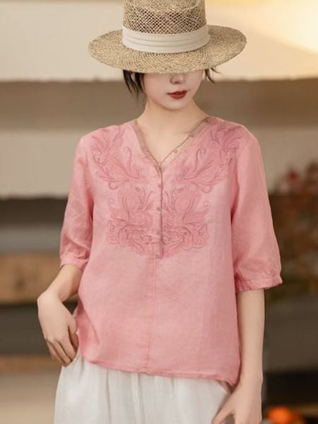  A647-Áo Ramie Thêu Hoa Nghệ Thuật Cổ V 