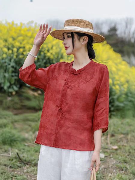  A653-Áo Ramie Thêu Dệt Hoa Nghệ Thuật 