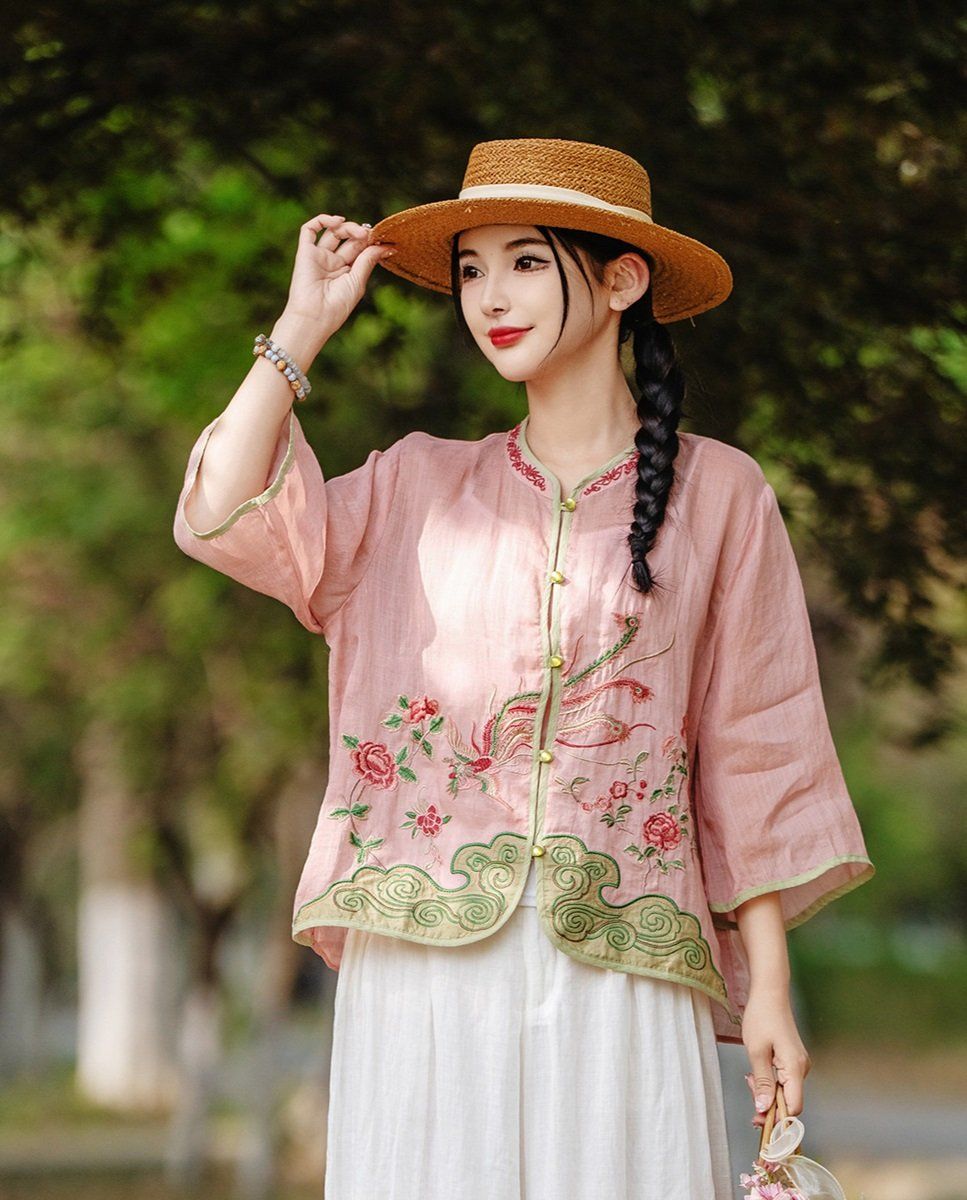  A656-Áo Ramie Thêu Hoa Phượng Hoàng 