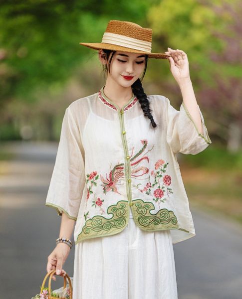 A656-Áo Ramie Thêu Hoa Phượng Hoàng 
