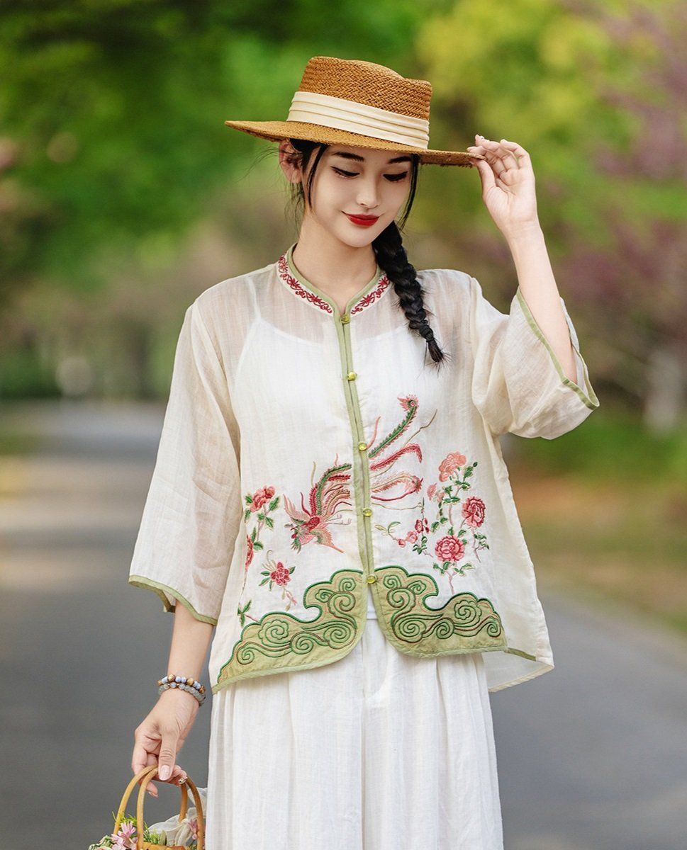  A656-Áo Ramie Thêu Hoa Phượng Hoàng 