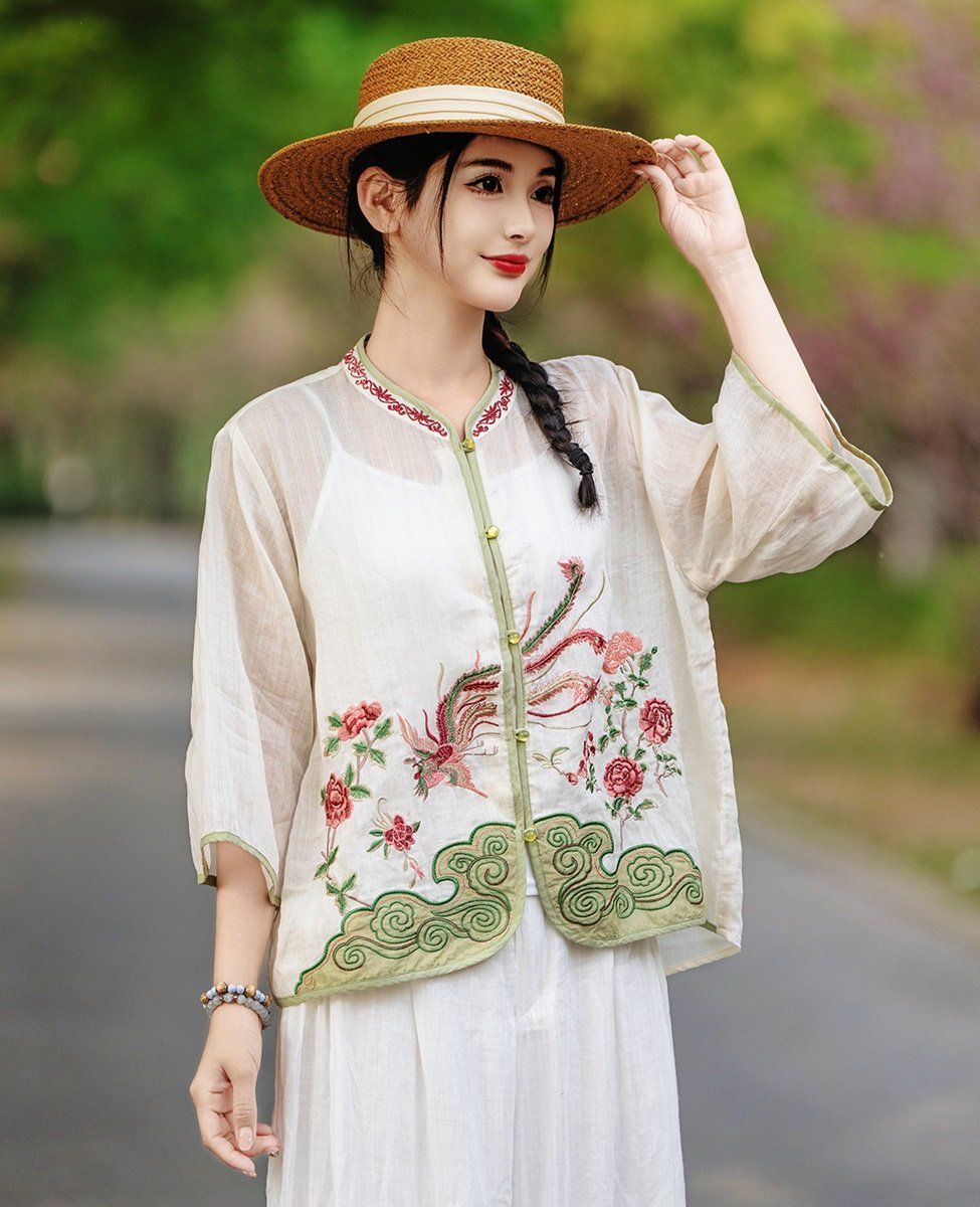 A656-Áo Ramie Thêu Hoa Phượng Hoàng 