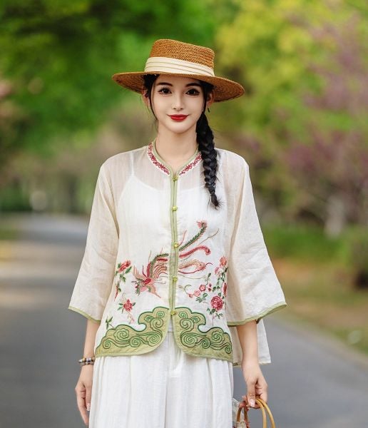  A656-Áo Ramie Thêu Hoa Phượng Hoàng 