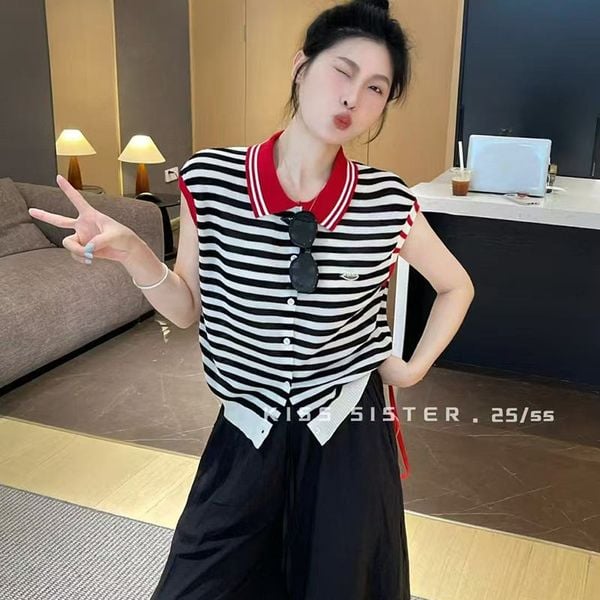  A663-Áo Len Lụa Băng Cổ Bẻ Viền Sọc 