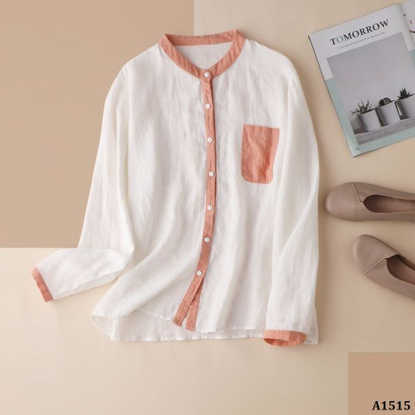  A1515-Áo Linen Dài Tay Phối Màu Giản Dị 