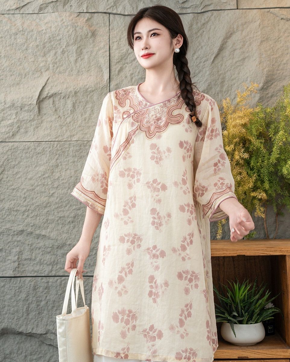  D10-Đầm Váy Ramie Hoa Lá Cổ Điển Thanh Lịch 
