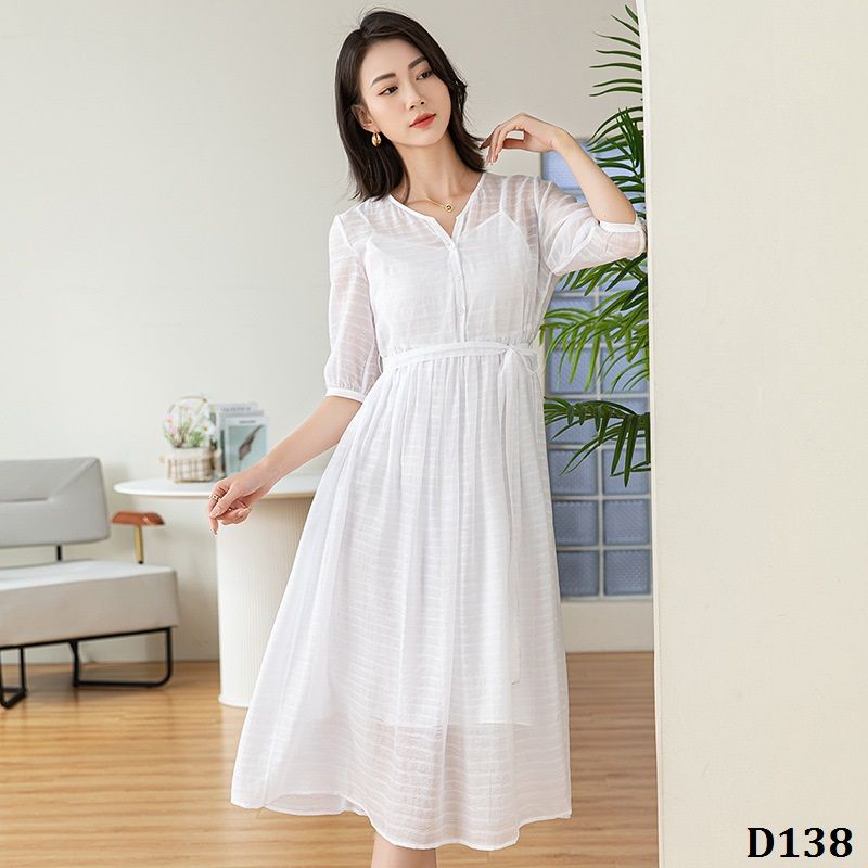  D138-Đầm Tencel Jacquard Thanh Lịch Hai Lớp Cổ V 