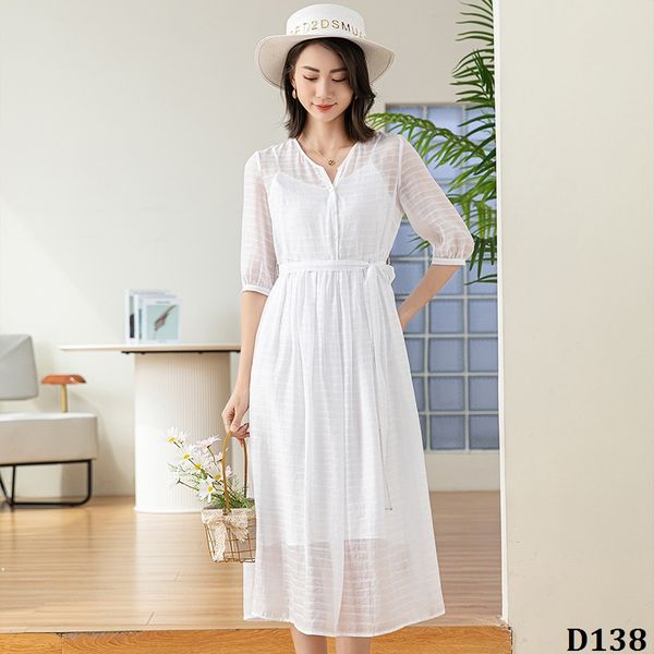  D138-Đầm Tencel Jacquard Thanh Lịch Hai Lớp Cổ V 