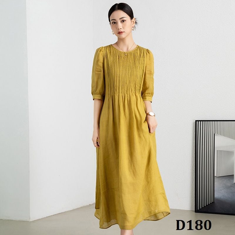  D180-Đầm Ramie Xếp Ly Thoải Mái Che Bụng 