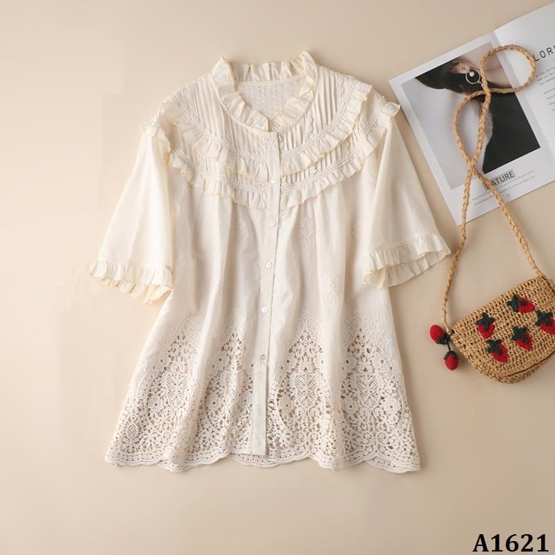  A1621-Áo Cotton Ren Vạt Nhún Bèo 