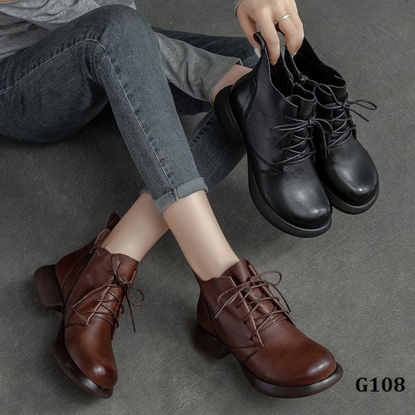  G108-Giày Retro Handmade Martin Cột Dây Khóa Kéo 