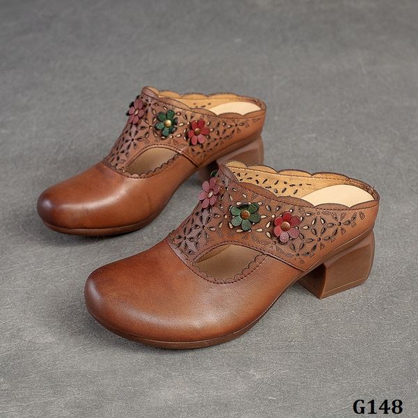  G148-Dép Da Thật Retro Kết Hoa 