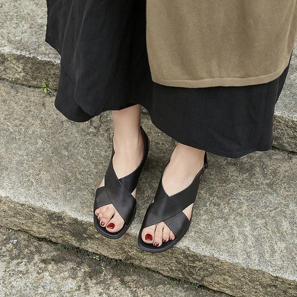  G188-Giày Sandal Da Thật Quai Chéo Velcro Retro Cổ Điển 