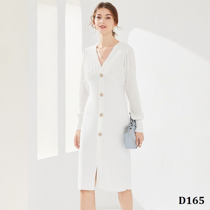  D165-Váy dệt kim kiểu Pháp Cổ V xẻ tà 
