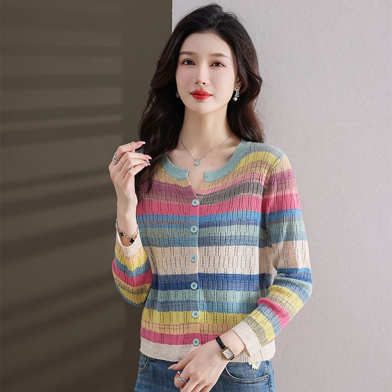  A2043-Áo Len Sắc Màu Cầu Vồng Tay Dài 