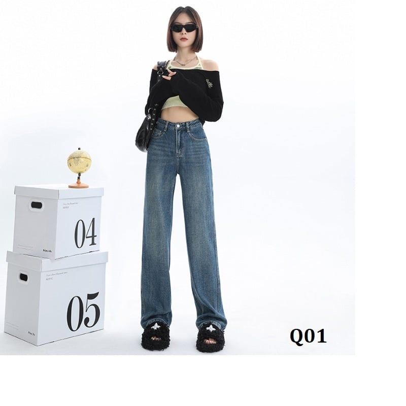  Q01-Quần Jeans Ống Rộng Wash Nhẹ 