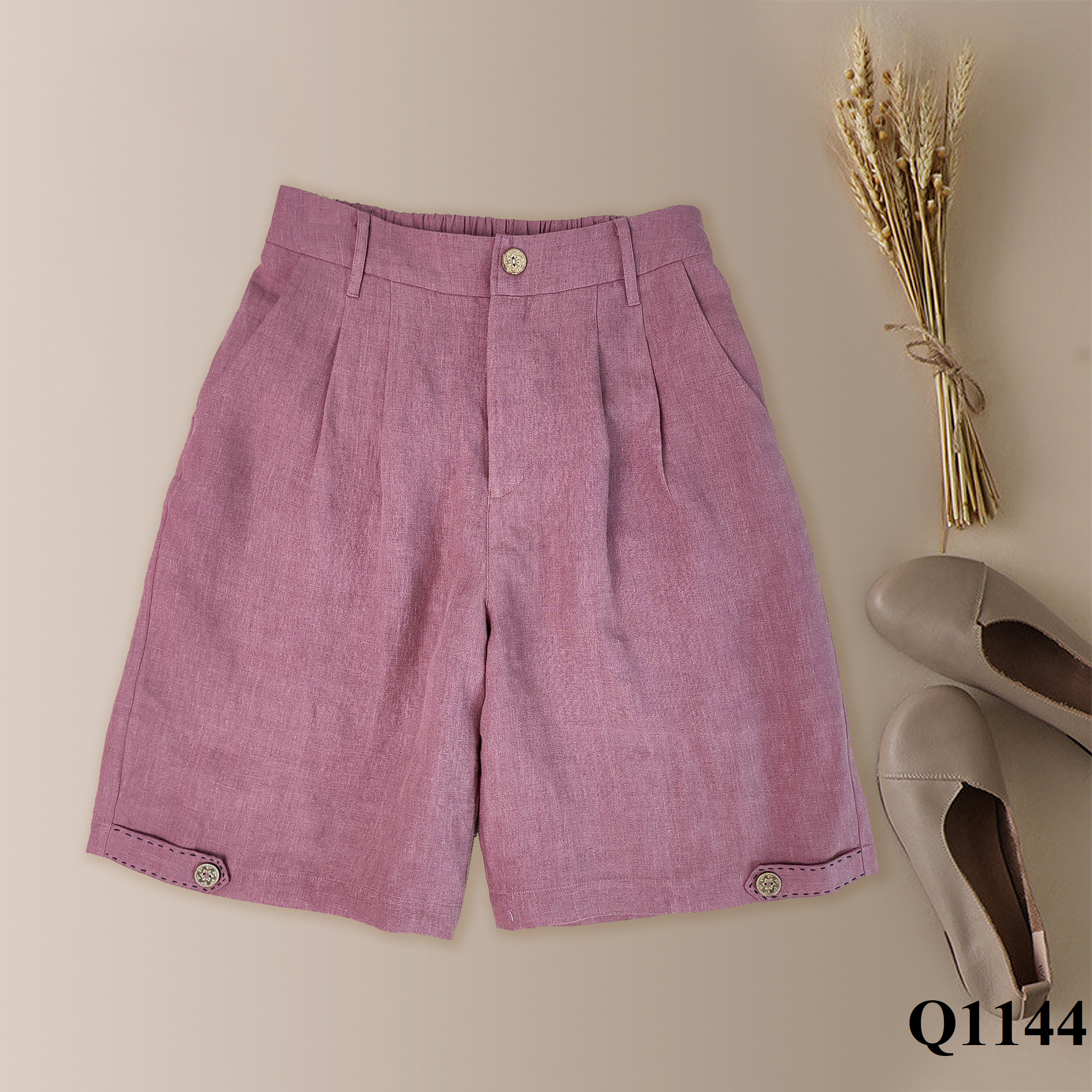  Q1144_ Quần Short Linen Xếp Ly Khóa Kéo 