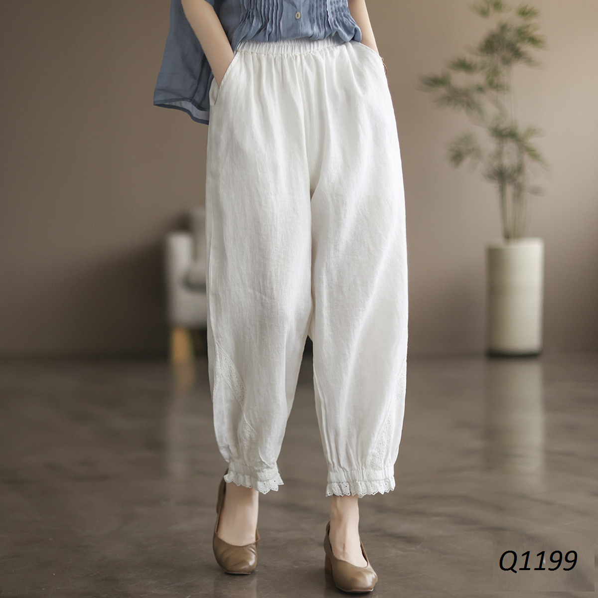  Q1199_ Quần Linen Retro Harem Phối Ren 