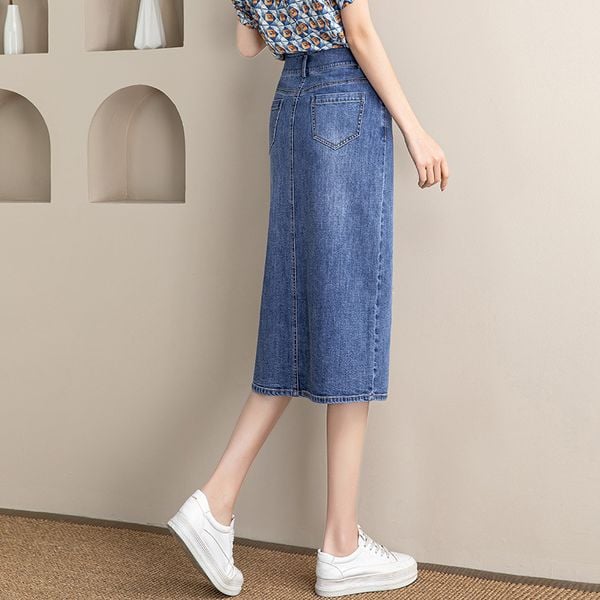  Q1202-Chân Váy Denim Lưng Cao Thon Gọn Xẻ Tà 