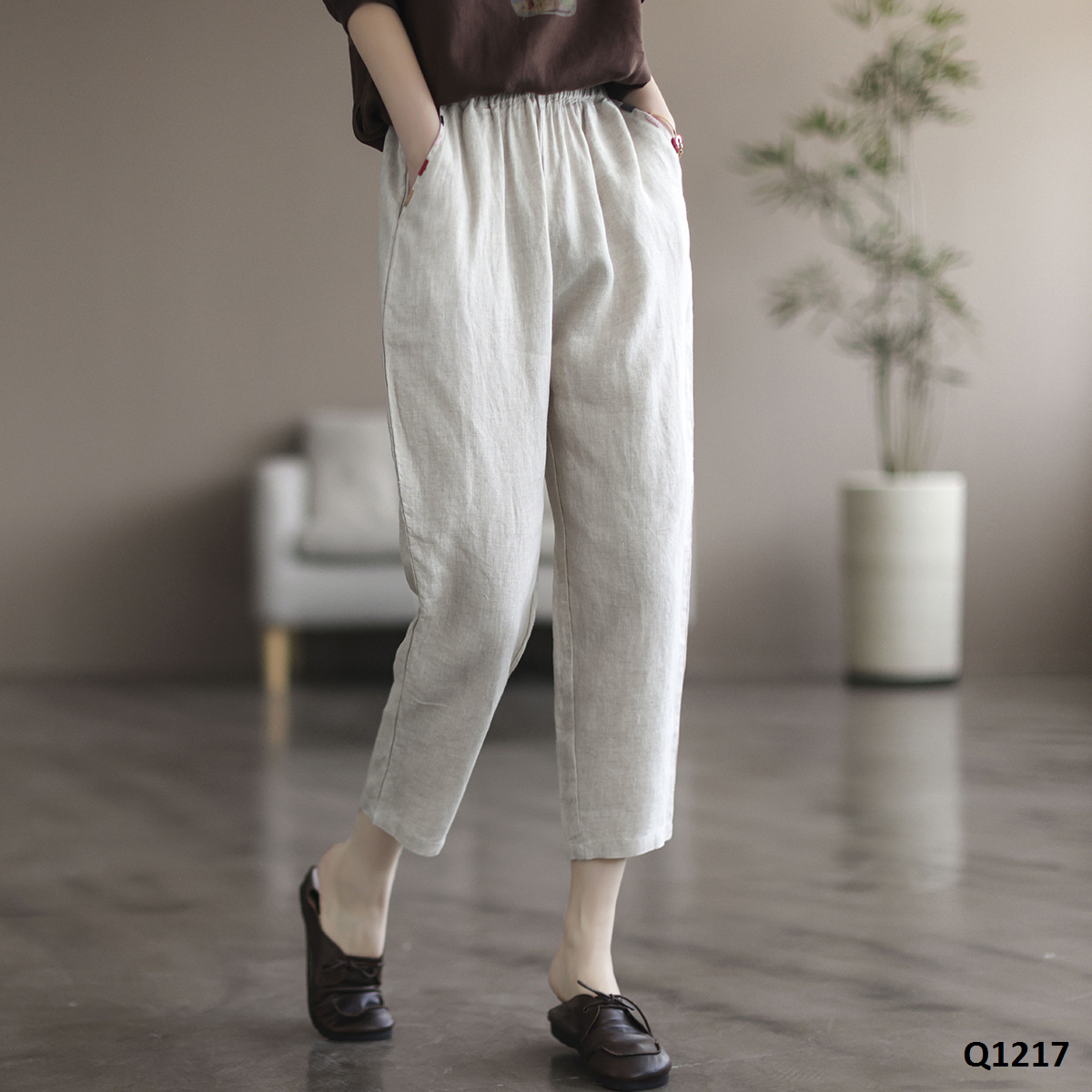  Q1217-Quần Linen Bút Chì Thêu Túi 