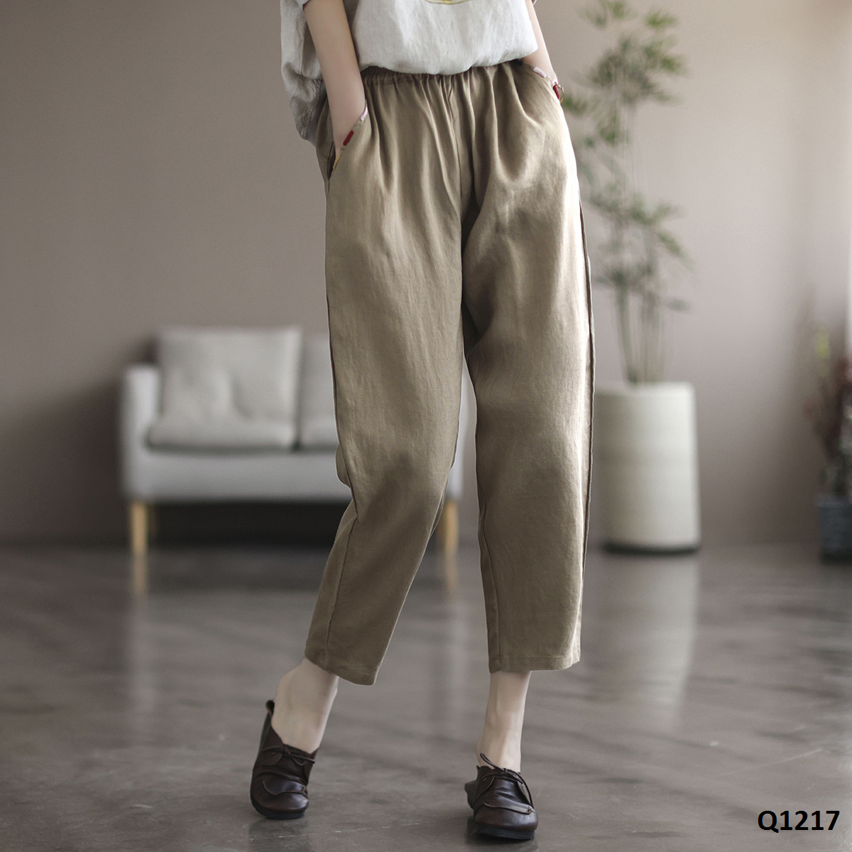  Q1217-Quần Linen Bút Chì Thêu Túi 