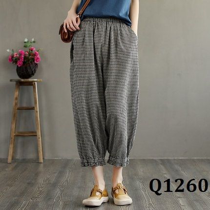  Q1260-Quần Linen Harem Ca Rô Nhún Chân 