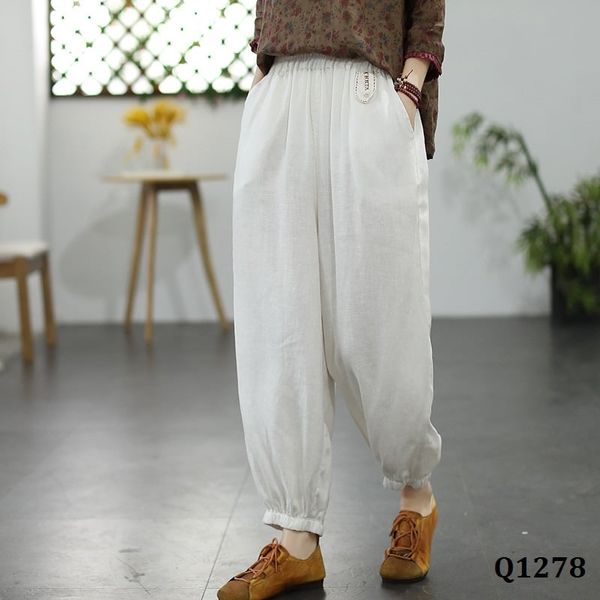  Q1278-Quần Linen Ống Nhỏ Cổ Điển Viền Thun 