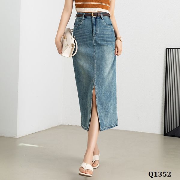  Q1352-Chân Váy Jeans Denim Xẻ Tà Trước 